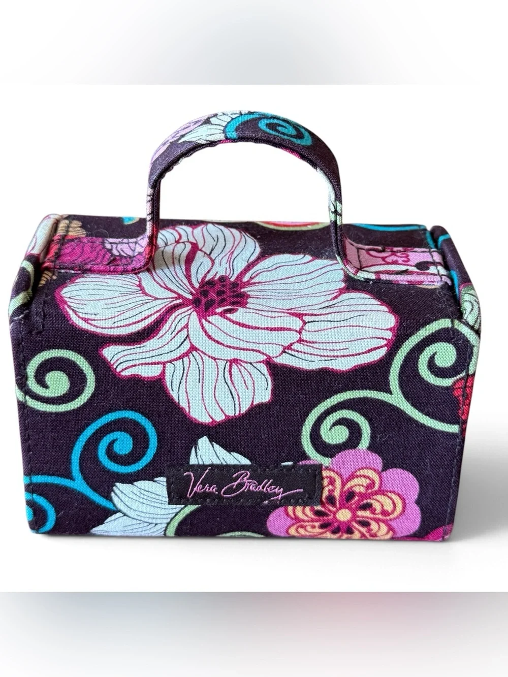 Retired Vera Bradley Mod Floral Pattern Jewelry Case Brown Pink Green Red White